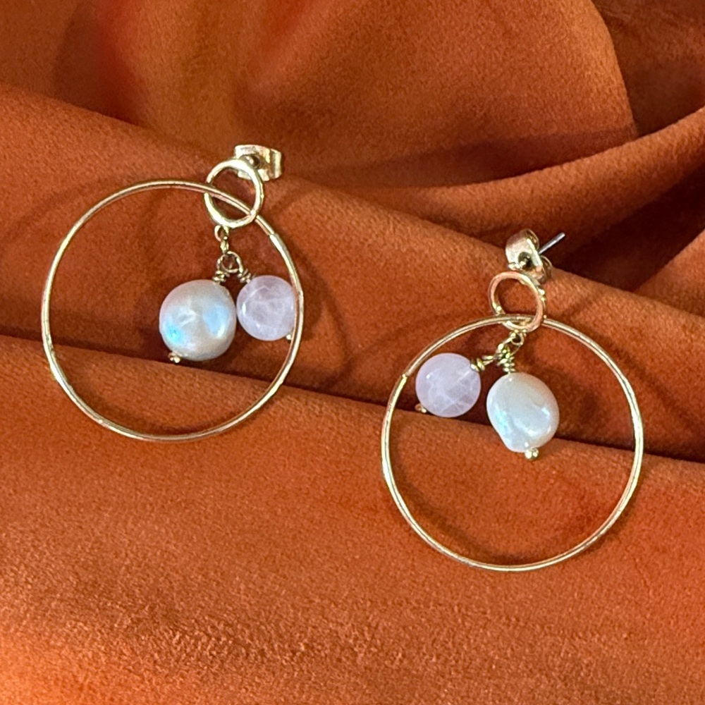 Elegant Gold Hoop Earrings with Pink Quartz and Pearl Accents
